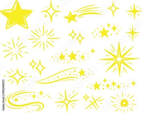 Whimsical Hand-Drawn Yellow Stars and Sparkle Doodles Collection for Festive Celebrations, Magical Effects, and Celestial Design Elements