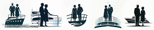 Silhouette of a Married Couple Standing on a Boat Vector Illustration