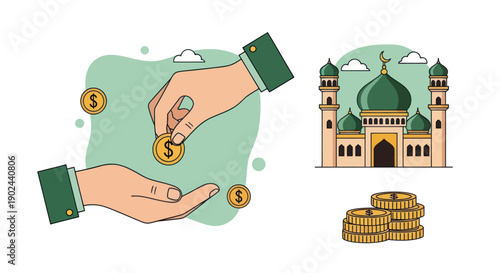 Giving Zakat and Islamic Charity Concept with Mosque and Coins