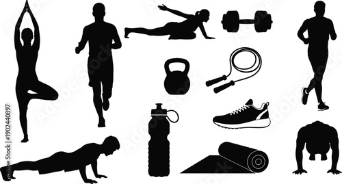 Black silhouettes of people exercising with fitness equipment exercise workout yoga
