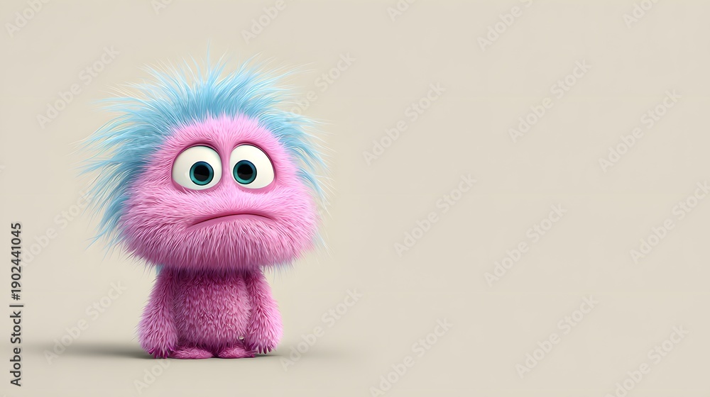 Fototapeta premium Cute Pink Creature with Blue Hair in Adorable Expression