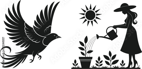Bird in Flight and Woman Watering Plants Silhouette Vector Illustration Showing Nature Care Freedom and Growth Scene in Black for Eco Lifestyle Design