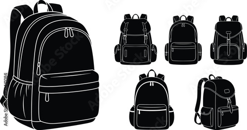 Black backpacks with white outlines in different styles and sizes school bag luggage