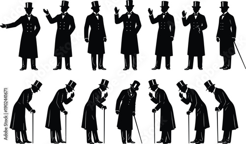 Victorian gentleman silhouettes vintage man top hat cane bow greeting etiquette aristocrat retro classic standing walking illustration collection