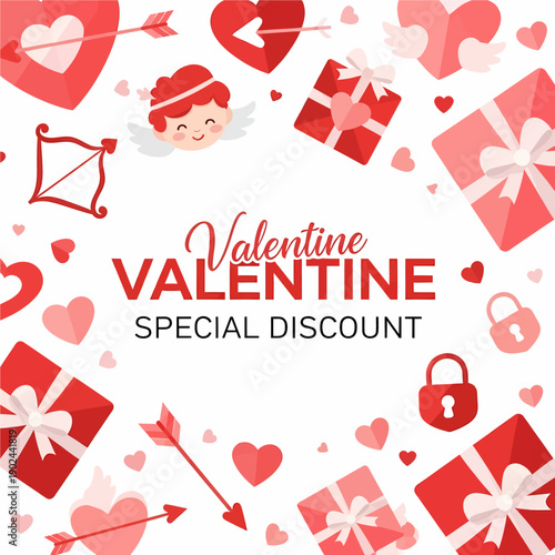 Valentine's Day sale advertisement with hearts, gifts, and Cupid imagery