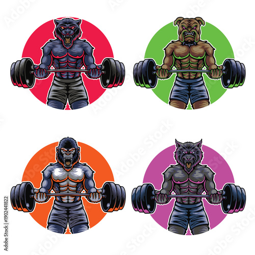 A set of fitness or gym wild animals. Gym logos of wild animals panther, dog, gorilla, and wolf. High-quality vector illustration design logos.