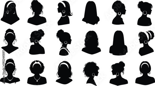 Black silhouettes of women with various hairstyles and accessories headbands