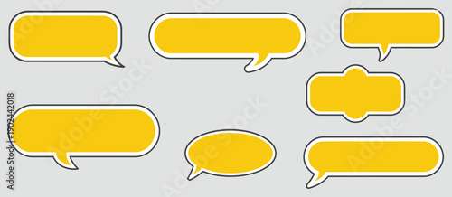 Quote box frame icons, yellow chat bubbles, speech bubble symbol, conversation dialogue, quote mark icon, flat vector design
