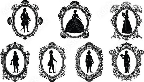 Vintage cameo silhouettes set, baroque ornate frames with victorian men and women portraits, antique royal illustration collection design artwork