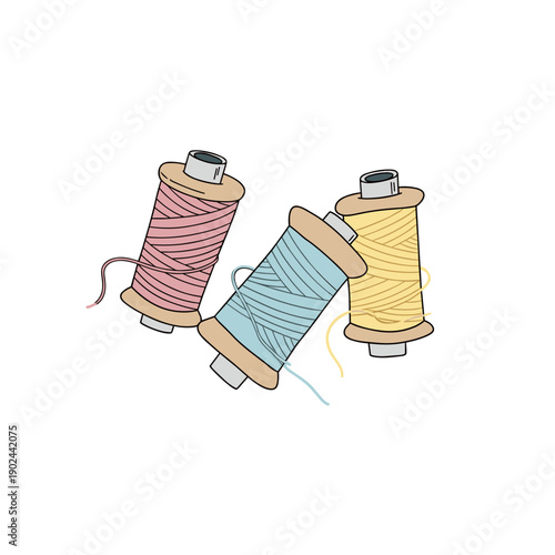 Colorful thread spools illustration in naive child style for sewing tutorials and craft projects