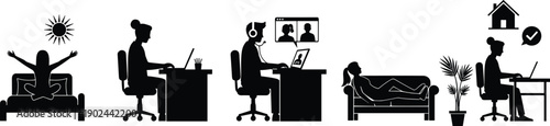 Black silhouettes of people working from home with laptops remote work telecommuting