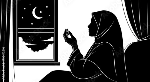 A Muslim woman in a hijab sits by a window, looking out at a night sky with a crescent moon, holding a date in her hand, with a calm and peaceful atmosphere.