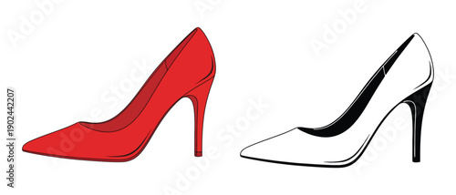 Two elegant high-heeled shoes, one red and one black and white, standing side by side.