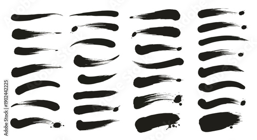 Set of 32 Grungy Black Brush Strokes for Artistic Use