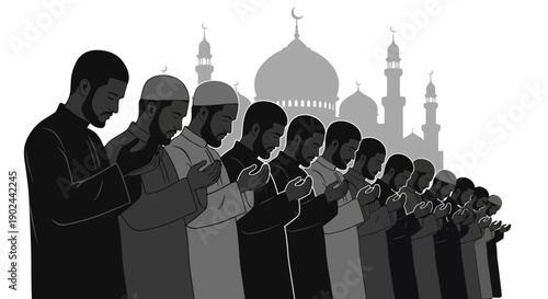 Illustration of Muslims praying in congregation with a mosque in the background, conveying a sense of unity and togetherness during Ramadan.