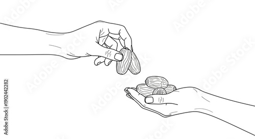 A hand offering dates to another hand against a clean white background with a simple line drawing style.