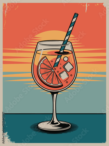 Cocktail Glass Poster, retro long stem wine glass with citrus beverage line art illustration