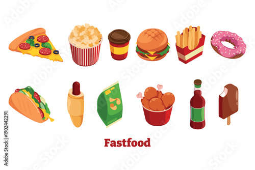 Fast food collection with pizza burger and fried chicken icons isolated on white background