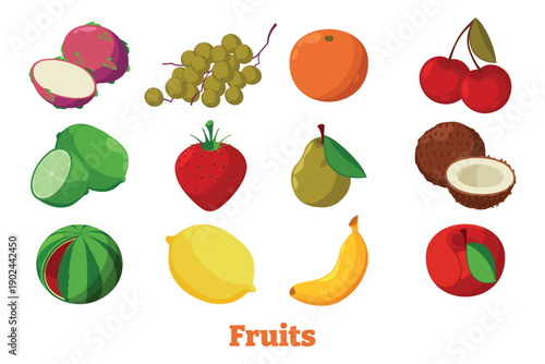 Fresh fruits set with tropical and garden fruit icons isolated on white background