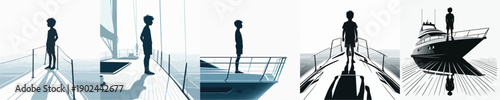 Silhouette of a Kids Standing on a Boat Vector Illustration