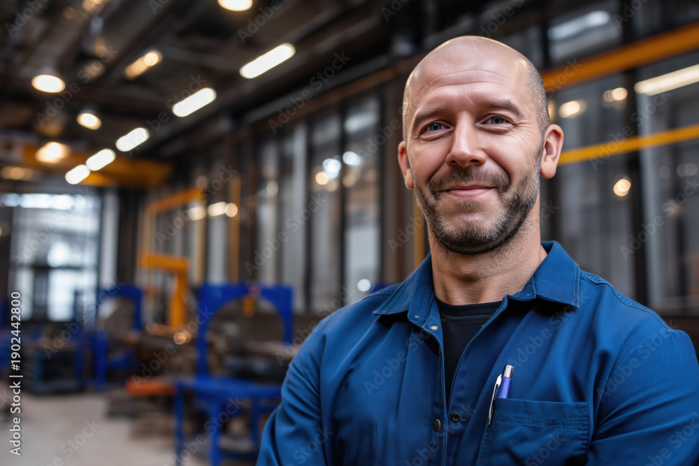 Fototapeta premium Portrait of middle aged Caucasian man smiling confidently while standing in industrial workshop, arms crossed, machinery and equipment visible in blurred background, wearing work uniform