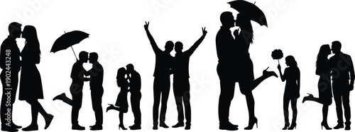 Set of romantic couple silhouettes kissing and posing together, lovers with umbrellas and flowers, cad drawing flat vector illustration, isolated