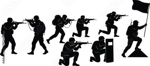 Black silhouettes of soldiers in various combat positions with guns and a flag military