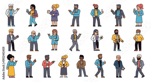 Diverse group of people walking and using smartphones in various outfits and occupations on white background