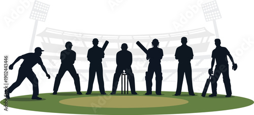 Cricket players in action on stadium field at night