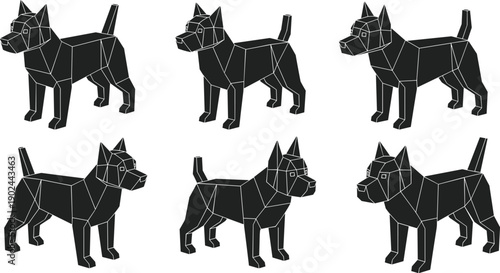 Black polygonal dog in various poses geometric white background