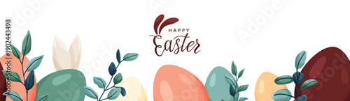 Easter eggs and leaves banner vector background. Happy Easter greeting with colorful eggs and green foliage isolated on white. Minimalist illustration for holiday celebration and spring decor