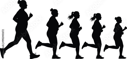 Silhouettes of women running in different poses jogging exercise