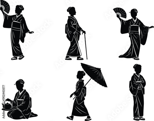 Black and white silhouettes of women in traditional japanese kimonos japanese clothing