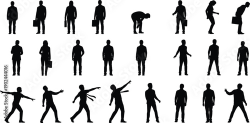 Collection of businessman silhouette poses set, professional male figures standing, walking, carrying briefcase, and action gestures isolated on white background for corporate design