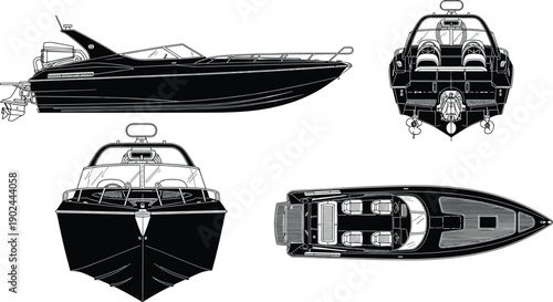 Set of speedboat silhouettes from multiple views, technical nautical vessel diagrams, cad drawing flat vector illustration, powerboat maritime design elements