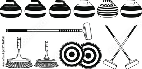 Curling sport equipment silhouettes set, stones, brooms, targets, and curling tools collection isolated on white background for winter sports, recreation, and training design