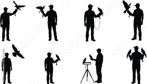 Falconer with trained birds silhouette set, falconry training, handling raptor birds, and hunting demonstration poses isolated on white background for wildlife and sport