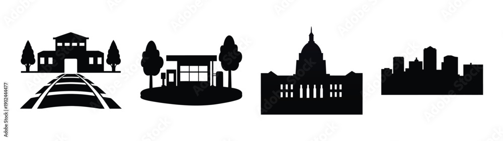 Fototapeta premium A minimalist vector graphic illustration of various city and building silhouettes