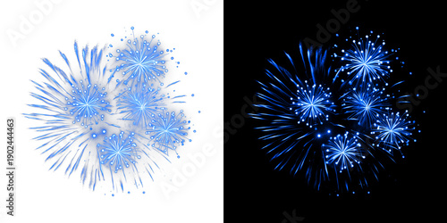 Deep blue fireworks bursting across night sky, stunning display, pyrotechnic light show for grand celebrations and parties.