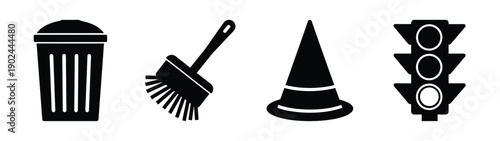 A set of four black silhouette icons including a trash can, broom, witch hat, and traffic light on a white background