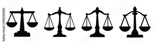 A set of justice scale silhouettes in various designs on a transparent background