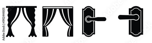 A set of modern door and window handle icons with curtain silhouettes