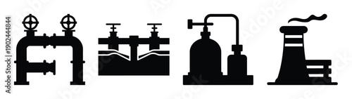 A set of industrial silhouette icons including pipes, valves, and factories