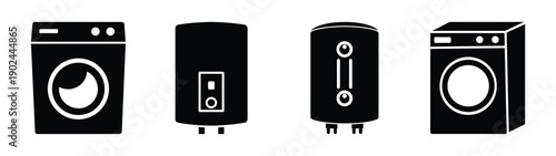 A set of modern washing machine and dryer icons in flat silhouette style
