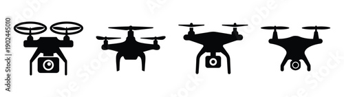 A set of drone silhouettes in various designs and poses on a white background silhouette