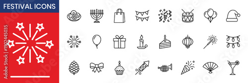 Festival Celebration And Party Thin Line Icon Set
