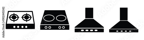 A set of modern kitchen stove icons in a flat, minimalist design silhouette