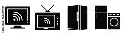 A set of modern household appliances with WiFi connectivity in a flat, minimal silhouette style