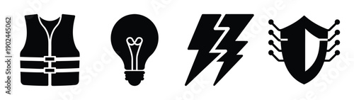 A set of four safety and innovation icons in a flat, minimal design silhouette