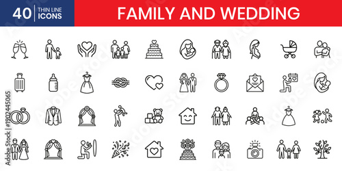 Family Home And Wedding Thin Line Icon Set